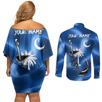 Fishing Custom South Carolina Flag Couples Matching Off Shoulder Short Dress and Long Sleeve Button Shirt Fish Hook Graphic in Blue Gradient Design - Wonder Print Shop