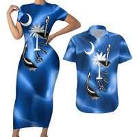 Fishing Custom South Carolina Flag Couples Matching Short Sleeve Bodycon Dress and Hawaiian Shirt Fish Hook Graphic in Blue Gradient Design - Wonder Print Shop