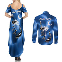 Fishing Custom South Carolina Flag Couples Matching Summer Maxi Dress and Long Sleeve Button Shirt Fish Hook Graphic in Blue Gradient Design - Wonder Print Shop