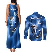 Fishing Custom South Carolina Flag Couples Matching Tank Maxi Dress and Long Sleeve Button Shirt Fish Hook Graphic in Blue Gradient Design - Wonder Print Shop