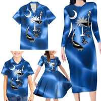 Fishing Custom South Carolina Flag Family Matching Long Sleeve Bodycon Dress and Hawaiian Shirt Fish Hook Graphic in Blue Gradient Design - Wonder Print Shop