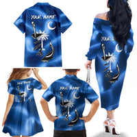 Fishing Custom South Carolina Flag Family Matching Off The Shoulder Long Sleeve Dress and Hawaiian Shirt Fish Hook Graphic in Blue Gradient Design - Wonder Print Shop