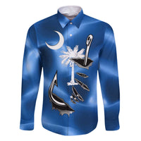 Fishing Custom South Carolina Flag Family Matching Off The Shoulder Long Sleeve Dress and Hawaiian Shirt Fish Hook Graphic in Blue Gradient Design - Wonder Print Shop
