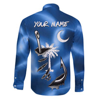 Fishing Custom South Carolina Flag Family Matching Off The Shoulder Long Sleeve Dress and Hawaiian Shirt Fish Hook Graphic in Blue Gradient Design - Wonder Print Shop