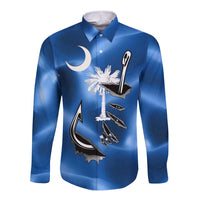 Fishing Custom South Carolina Flag Long Sleeve Button Shirt Fish Hook Graphic in Blue Gradient Design - Wonder Print Shop