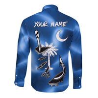 Fishing Custom South Carolina Flag Long Sleeve Button Shirt Fish Hook Graphic in Blue Gradient Design - Wonder Print Shop