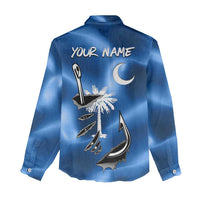 Fishing Custom South Carolina Flag Women Casual Shirt Fish Hook Graphic in Blue Gradient Design - Wonder Print Shop