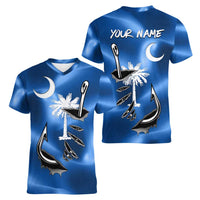 Fishing Custom South Carolina Flag Women V-Neck T-Shirt Fish Hook Graphic in Blue Gradient Design - Wonder Print Shop