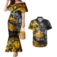 Hip Hop Street Style Couples Matching Mermaid Dress and Hawaiian Shirt Yellow and Black Graffiti and Urban Skull Character Design - Wonder Print Shop