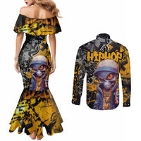 Hip Hop Street Style Couples Matching Mermaid Dress and Long Sleeve Button Shirt Yellow and Black Graffiti and Urban Skull Character Design - Wonder Print Shop