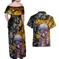 Hip Hop Street Style Couples Matching Off Shoulder Maxi Dress and Hawaiian Shirt Yellow and Black Graffiti and Urban Skull Character Design - Wonder Print Shop