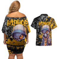 Hip Hop Street Style Couples Matching Off Shoulder Short Dress and Hawaiian Shirt Yellow and Black Graffiti and Urban Skull Character Design - Wonder Print Shop