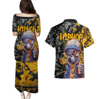 Hip Hop Street Style Couples Matching Puletasi and Hawaiian Shirt Yellow and Black Graffiti and Urban Skull Character Design - Wonder Print Shop