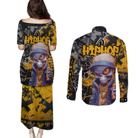 Hip Hop Street Style Couples Matching Puletasi and Long Sleeve Button Shirt Yellow and Black Graffiti and Urban Skull Character Design - Wonder Print Shop