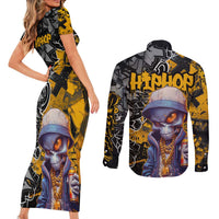 Hip Hop Street Style Couples Matching Short Sleeve Bodycon Dress and Long Sleeve Button Shirt Yellow and Black Graffiti and Urban Skull Character Design - Wonder Print Shop
