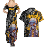 Hip Hop Street Style Couples Matching Summer Maxi Dress and Hawaiian Shirt Yellow and Black Graffiti and Urban Skull Character Design - Wonder Print Shop