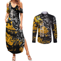 Hip Hop Street Style Couples Matching Summer Maxi Dress and Long Sleeve Button Shirt Yellow and Black Graffiti and Urban Skull Character Design - Wonder Print Shop