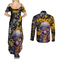 Hip Hop Street Style Couples Matching Summer Maxi Dress and Long Sleeve Button Shirt Yellow and Black Graffiti and Urban Skull Character Design - Wonder Print Shop