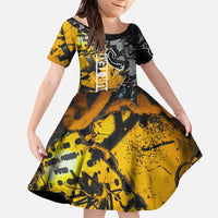 Hip Hop Street Style Family Matching Long Sleeve Bodycon Dress and Hawaiian Shirt Yellow and Black Graffiti and Urban Skull Character Design - Wonder Print Shop