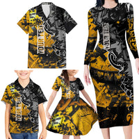 Hip Hop Street Style Family Matching Long Sleeve Bodycon Dress and Hawaiian Shirt Yellow and Black Graffiti and Urban Skull Character Design - Wonder Print Shop
