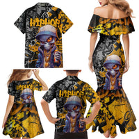 Hip Hop Street Style Family Matching Mermaid Dress and Hawaiian Shirt Yellow and Black Graffiti and Urban Skull Character Design - Wonder Print Shop