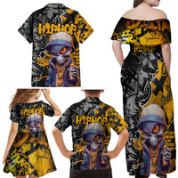 Hip Hop Street Style Family Matching Off Shoulder Maxi Dress and Hawaiian Shirt Yellow and Black Graffiti and Urban Skull Character Design - Wonder Print Shop