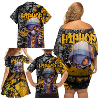 Hip Hop Street Style Family Matching Off Shoulder Short Dress and Hawaiian Shirt Yellow and Black Graffiti and Urban Skull Character Design - Wonder Print Shop