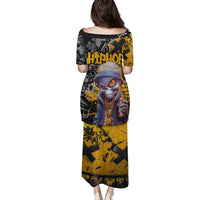 Hip Hop Street Style Family Matching Puletasi and Hawaiian Shirt Yellow and Black Graffiti and Urban Skull Character Design - Wonder Print Shop