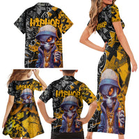 Hip Hop Street Style Family Matching Short Sleeve Bodycon Dress and Hawaiian Shirt Yellow and Black Graffiti and Urban Skull Character Design - Wonder Print Shop