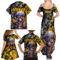 Hip Hop Street Style Family Matching Summer Maxi Dress and Hawaiian Shirt Yellow and Black Graffiti and Urban Skull Character Design - Wonder Print Shop