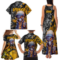 Hip Hop Street Style Family Matching Tank Maxi Dress and Hawaiian Shirt Yellow and Black Graffiti and Urban Skull Character Design - Wonder Print Shop