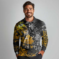 Hip Hop Street Style Long Sleeve Polo Shirt Yellow and Black Graffiti and Urban Skull Character Design - Wonder Print Shop