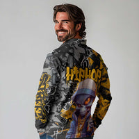 Hip Hop Street Style Long Sleeve Polo Shirt Yellow and Black Graffiti and Urban Skull Character Design - Wonder Print Shop