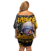 Hip Hop Street Style Off Shoulder Short Dress Yellow and Black Graffiti and Urban Skull Character Design - Wonder Print Shop