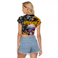 Hip Hop Street Style Raglan Cropped T Shirt Yellow and Black Graffiti and Urban Skull Character Design - Wonder Print Shop