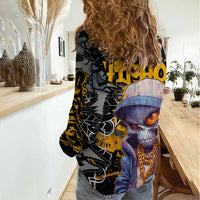 Hip Hop Street Style Women Casual Shirt Yellow and Black Graffiti and Urban Skull Character Design - Wonder Print Shop