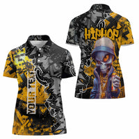 Hip Hop Street Style Women Polo Shirt Yellow and Black Graffiti and Urban Skull Character Design - Wonder Print Shop