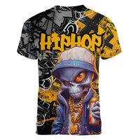 Hip Hop Street Style Women V-Neck T-Shirt Yellow and Black Graffiti and Urban Skull Character Design - Wonder Print Shop