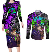 Hip Hop Battle Couples Matching Long Sleeve Bodycon Dress and Long Sleeve Button Shirt Smoking Ape Character and Purple Green Graffiti Street Art Design - Wonder Print Shop