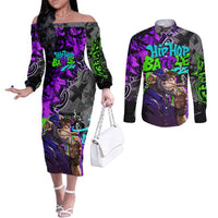 Hip Hop Battle Couples Matching Off The Shoulder Long Sleeve Dress and Long Sleeve Button Shirt Smoking Ape Character and Purple Green Graffiti Street Art Design - Wonder Print Shop