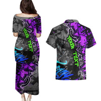 Hip Hop Battle Couples Matching Puletasi and Hawaiian Shirt Smoking Ape Character and Purple Green Graffiti Street Art Design - Wonder Print Shop