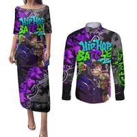 Hip Hop Battle Couples Matching Puletasi and Long Sleeve Button Shirt Smoking Ape Character and Purple Green Graffiti Street Art Design - Wonder Print Shop