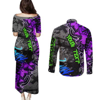 Hip Hop Battle Couples Matching Puletasi and Long Sleeve Button Shirt Smoking Ape Character and Purple Green Graffiti Street Art Design - Wonder Print Shop