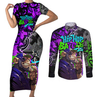 Hip Hop Battle Couples Matching Short Sleeve Bodycon Dress and Long Sleeve Button Shirt Smoking Ape Character and Purple Green Graffiti Street Art Design - Wonder Print Shop