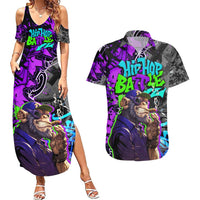 Hip Hop Battle Couples Matching Summer Maxi Dress and Hawaiian Shirt Smoking Ape Character and Purple Green Graffiti Street Art Design - Wonder Print Shop