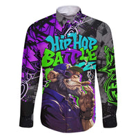 Hip Hop Battle Family Matching Long Sleeve Bodycon Dress and Hawaiian Shirt Smoking Ape Character and Purple Green Graffiti Street Art Design - Wonder Print Shop