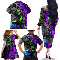 Hip Hop Battle Family Matching Off The Shoulder Long Sleeve Dress and Hawaiian Shirt Smoking Ape Character and Purple Green Graffiti Street Art Design - Wonder Print Shop
