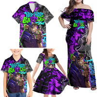 Hip Hop Battle Family Matching Off Shoulder Maxi Dress and Hawaiian Shirt Smoking Ape Character and Purple Green Graffiti Street Art Design - Wonder Print Shop
