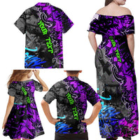 Hip Hop Battle Family Matching Off Shoulder Maxi Dress and Hawaiian Shirt Smoking Ape Character and Purple Green Graffiti Street Art Design - Wonder Print Shop