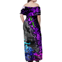 Hip Hop Battle Family Matching Off Shoulder Maxi Dress and Hawaiian Shirt Smoking Ape Character and Purple Green Graffiti Street Art Design - Wonder Print Shop